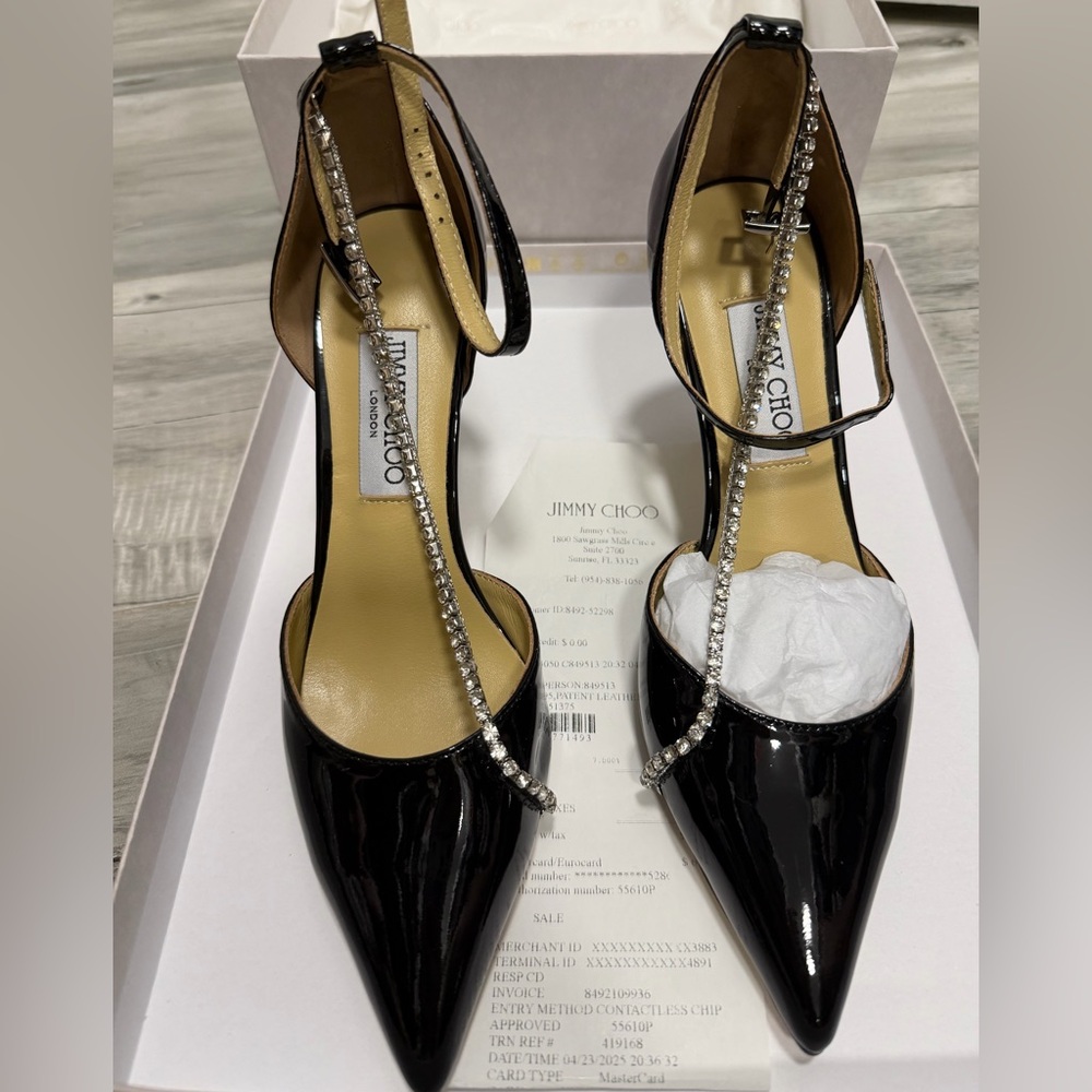 Jimmy Choo Black Patent Heels New with Rhinestone Strap